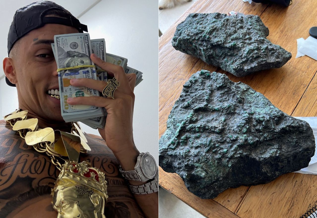 Pedras gigantes identificadas como esmeraldas milionárias e com certificado de autenticidade foram encontradas na casa de Buzeira | Reprodução