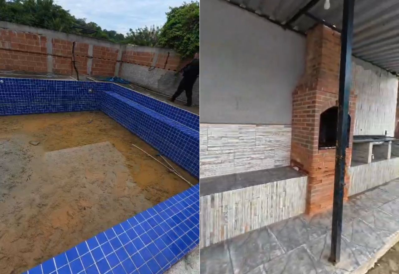 Espaço com piscina e churrasqueira, chamado pela polícia de "resort do crime", estava em construção | Reprodução