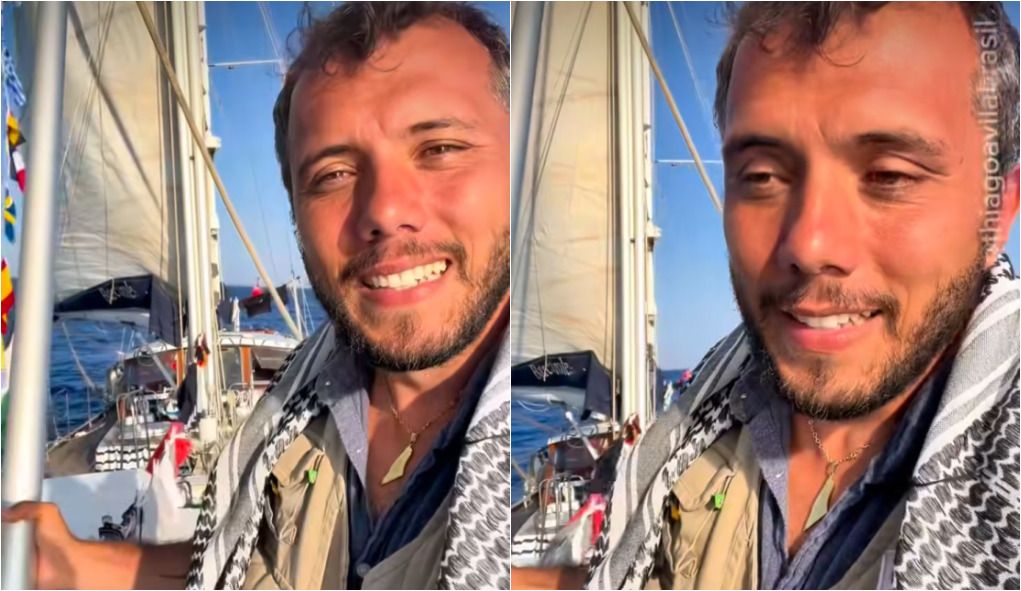 Ativista brasileiro Thiago Ávila grava mensagem de barco que tentava levar ajuda humanitária a Gaza | Foto: Reprodução/Facebook/@thiago.avila.50