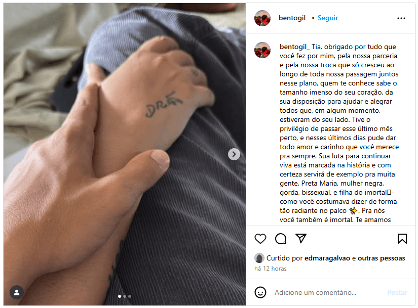 Bento Gil publicou texto e fotos com a tia nas redes sociais | Reprodução