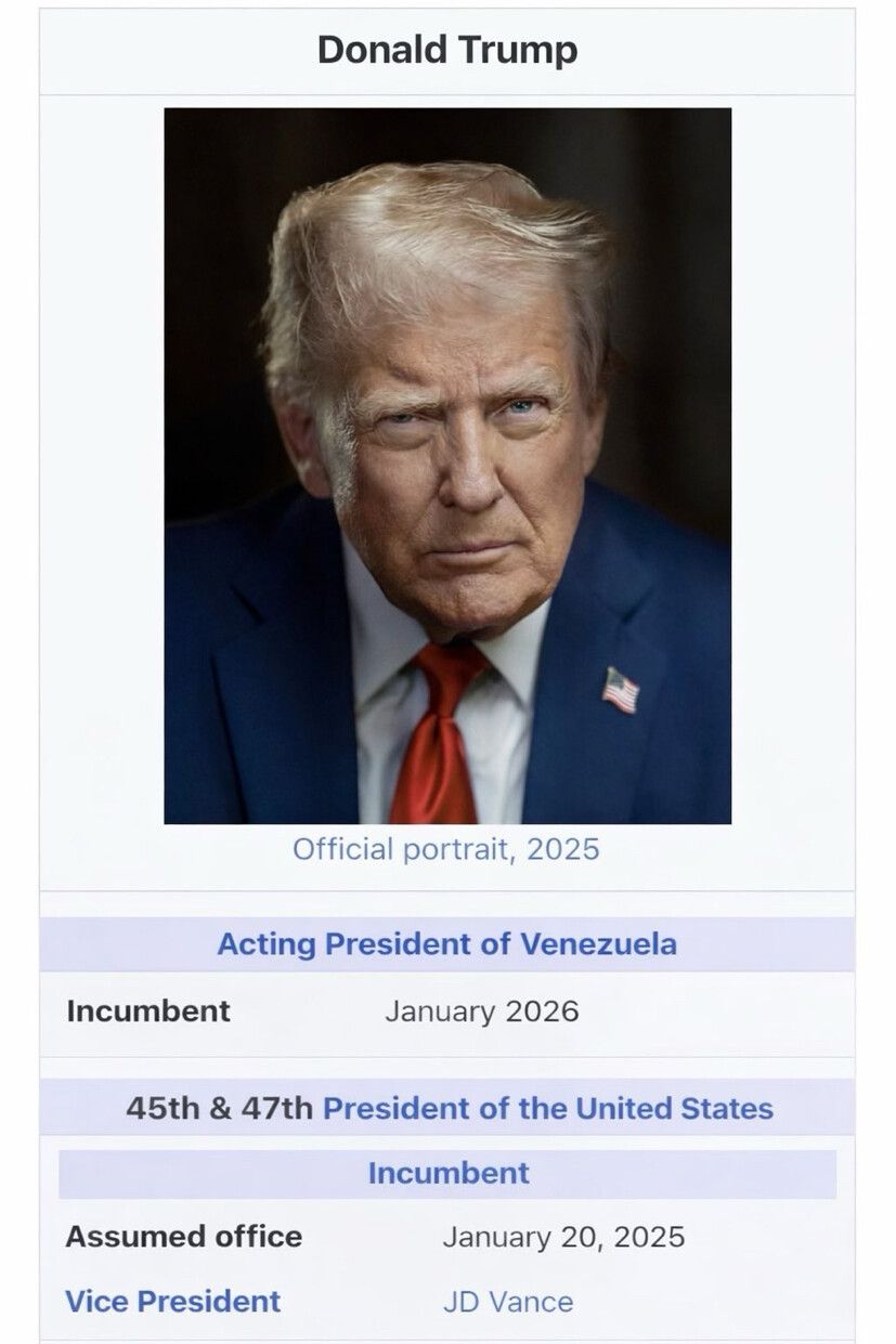 Em montagem que lembra layout da Wikipedia, Trump aparece como ‘presidente interino’ da Venezuela | Reprodução