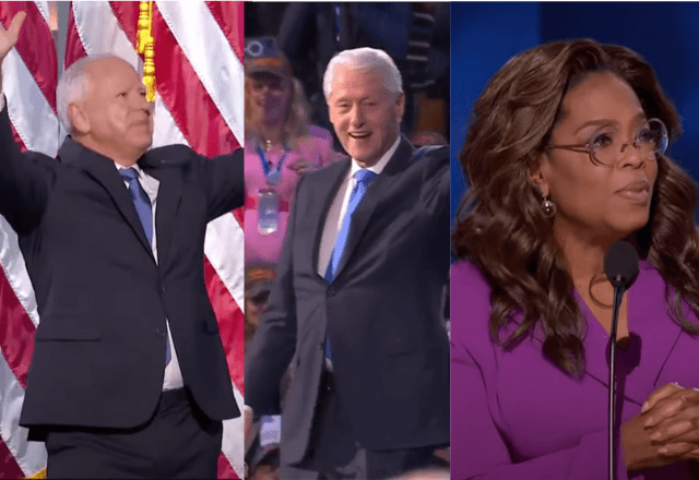 Tim Walz à esquerda, Bill Clinton no meio e Oprah Winfrey à direita | YouTube / Reprodução
