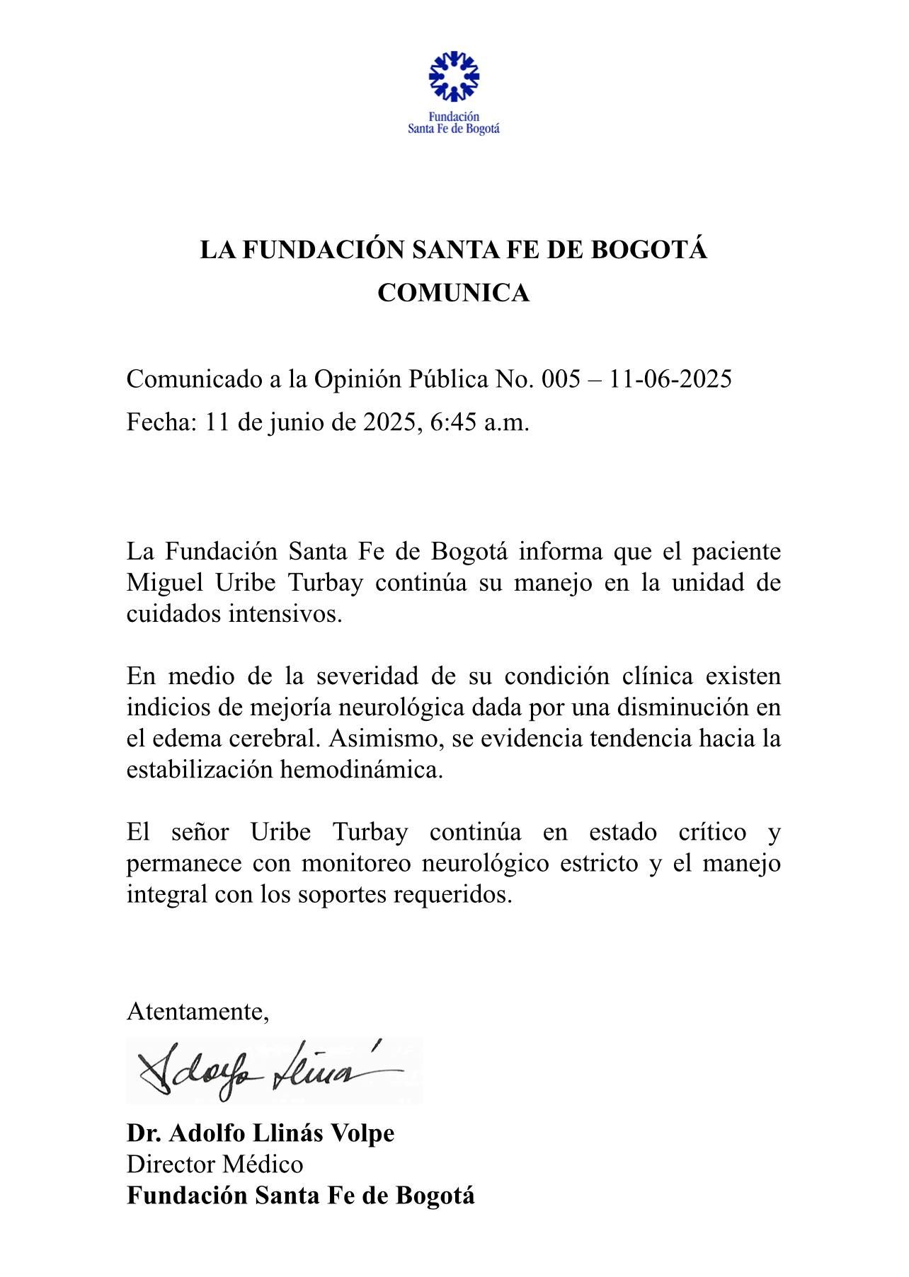 Comunicado médico sobre o estado de saúde de Uribe | Reprodução
