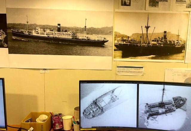 Esta foto sem data da Silentworld Foundation mostra Montevideo Maru, um navio de transporte japonês da Segunda Guerra Mundial, em uma tela durante a busca pelo navio | Handout/Silentworld Foundation/AFP