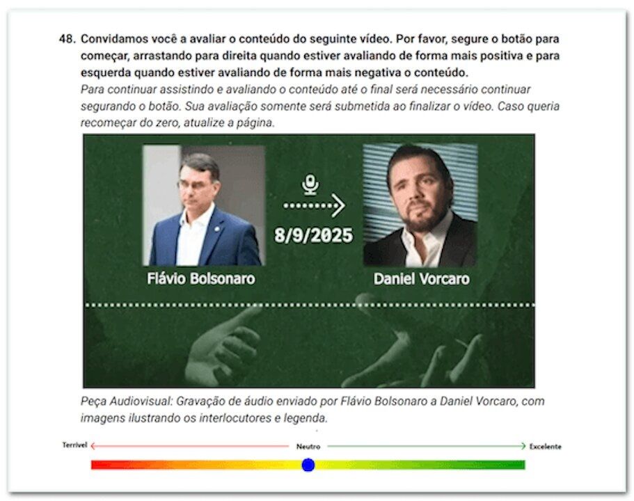 Imagem mostra a pergunta da AtlasIntel que usou o áudio entre Flávio Bolsonaro e Daniel Vorcaro