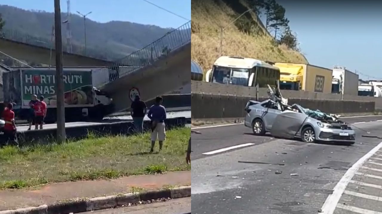Imagem da notícia: Fernão Dias: passarela cai após batida de veículo e 2 morrem Imagem da notícia: Fernão Dias: passarela cai após batida de veículo e 2 morrem