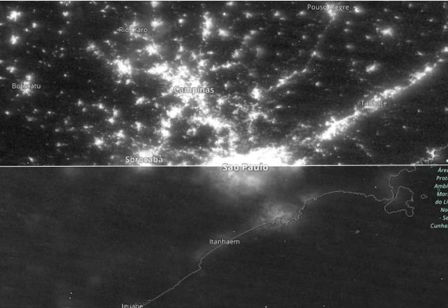 Acima: parte da Região Metropolitana de São Paulo iluminada antes da chuva; Abaixo: mesma região no escuro | Reprodução/Nasa via @lapisnet/Instagram