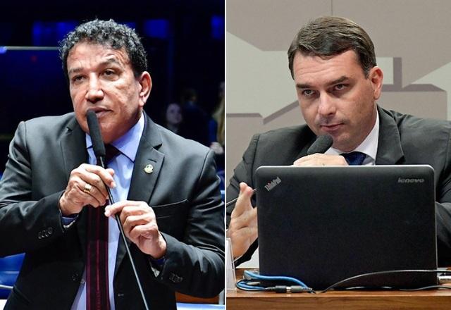 Magno Malta falando ao microfone, à dir., e Flávio Bolsonaro falando ao microfone, à esq., em montagem (Waldemir Barreto/Agência Senado)