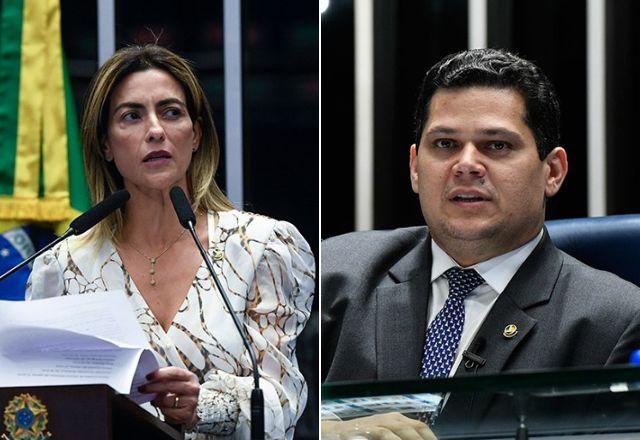 Soraya Thronicke falando ao microfone, à esq., e Davi Alcolumbre, à dir., em montagem (Jefferson Rudy e Marcos Oliveira/Agência Senado)