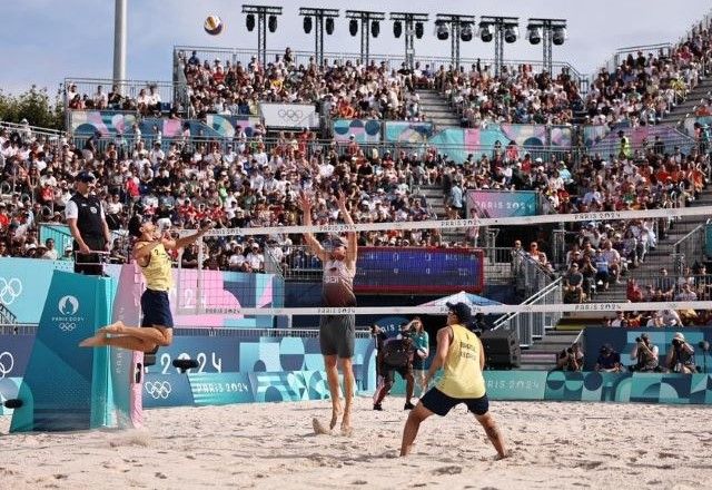 André e George: eliminados nas oitavas do vôlei de praia | Divulgação/Miriam Jeske/COB
