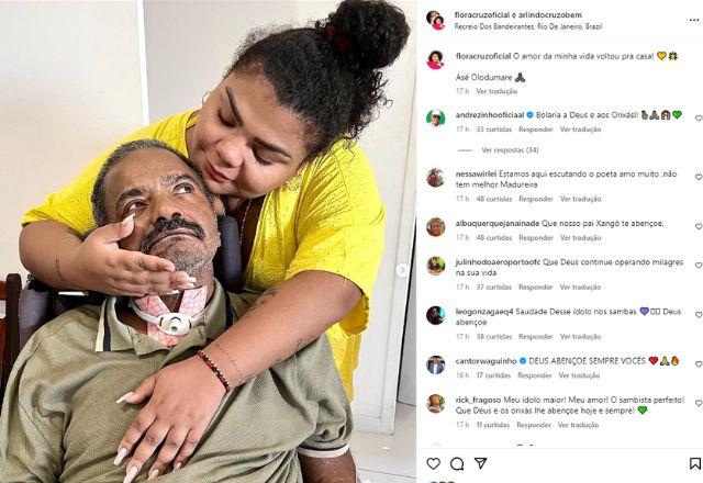 Arlindo Cruz com a filha em casa após alta médica