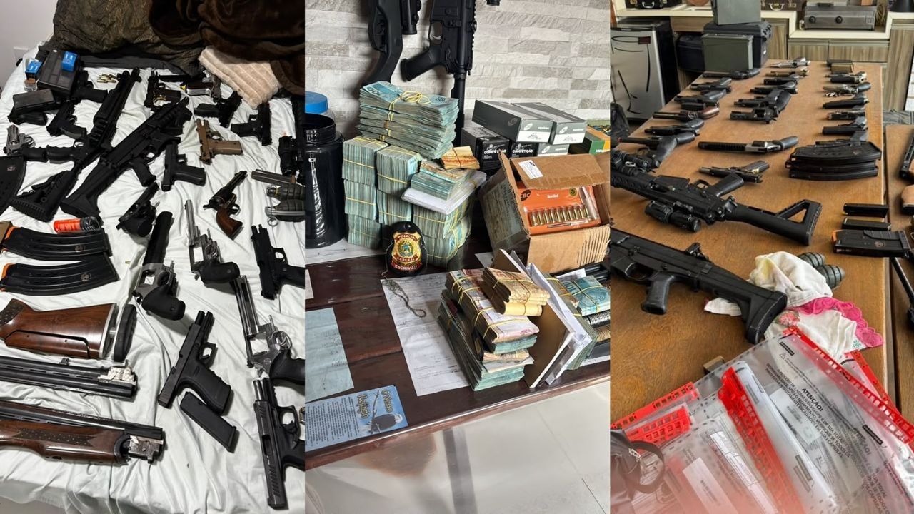Armas e dinheiro apreendidos na operação Guardiões de Fogo, da Polícia Federal | Divulgação/PF