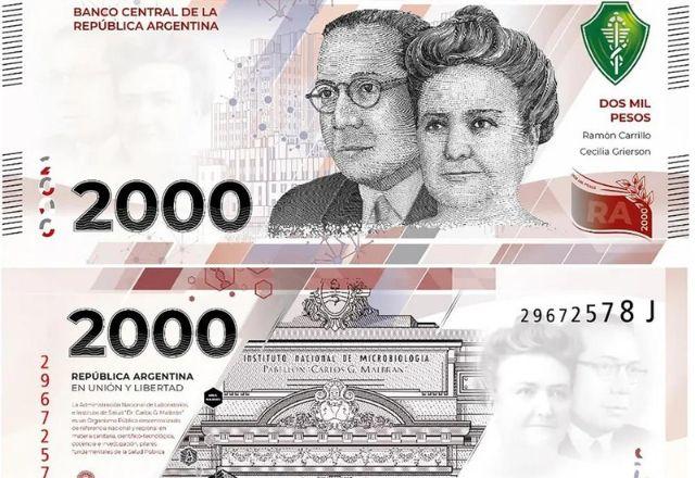 Nota é composta com a imagem do Instituto de Microbiologia de Buenos Aires, da primeira médica argentina, Cecília Grierson, e do primeiro-ministro de Saúde da nação, Ramón Carrillo | Reprodução/BCRA
