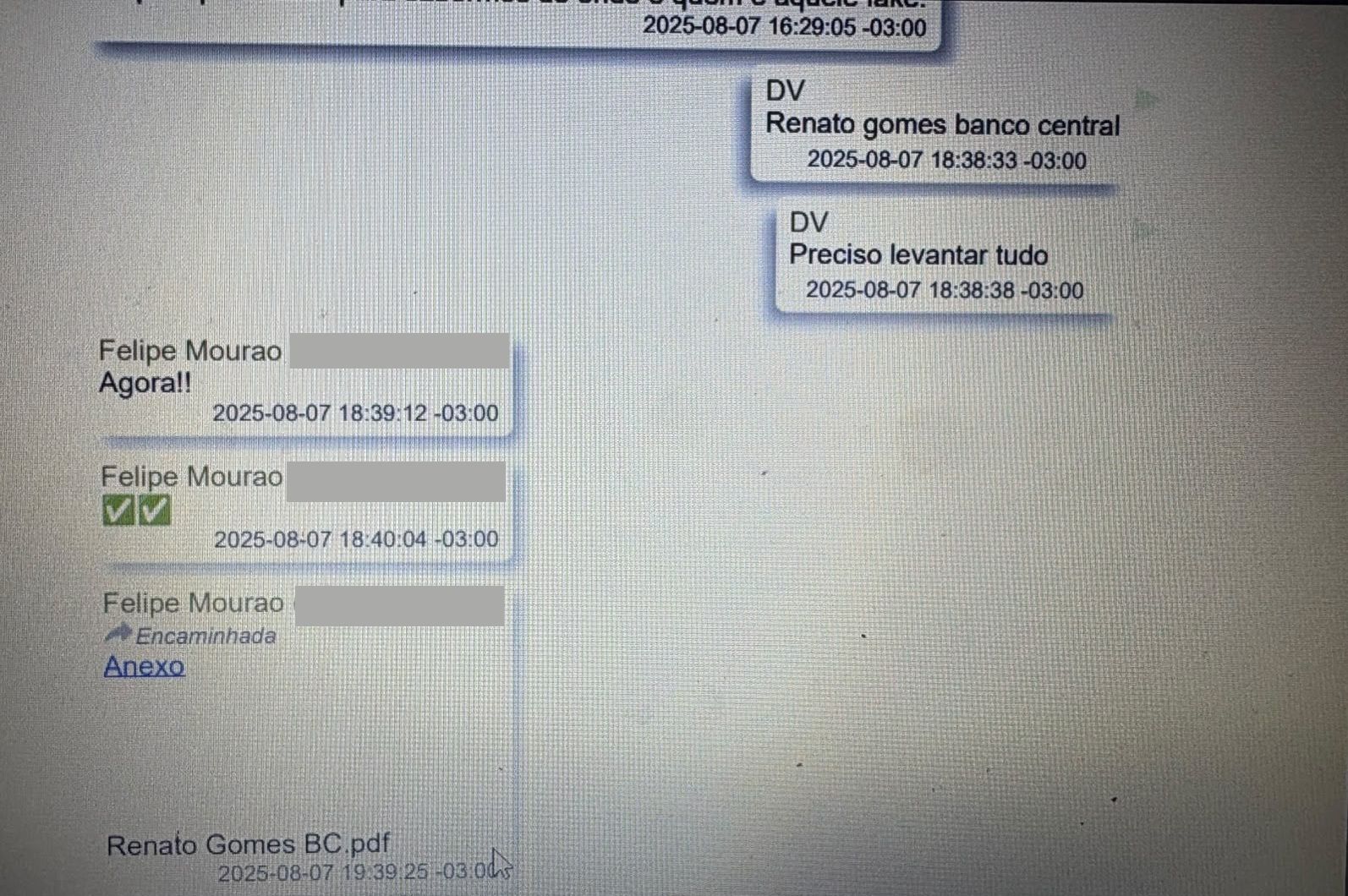 Mensagens trocadas entre Vorcaro e Sicário Foto: Reprodução