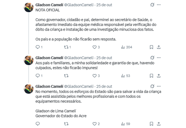 Governador do Acre via X (antigo Twitter). | Reprodução