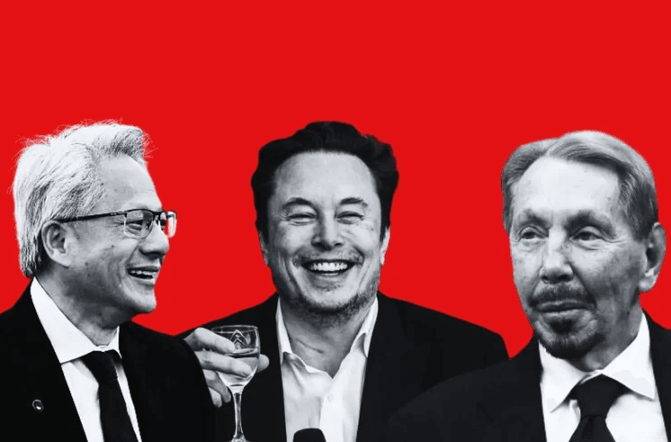 Bilionários da IA: Jensen Huang, fundador da Nvidia, Elon Musk, da xAI, e Larry Ellison, da Oracle | Reprodução