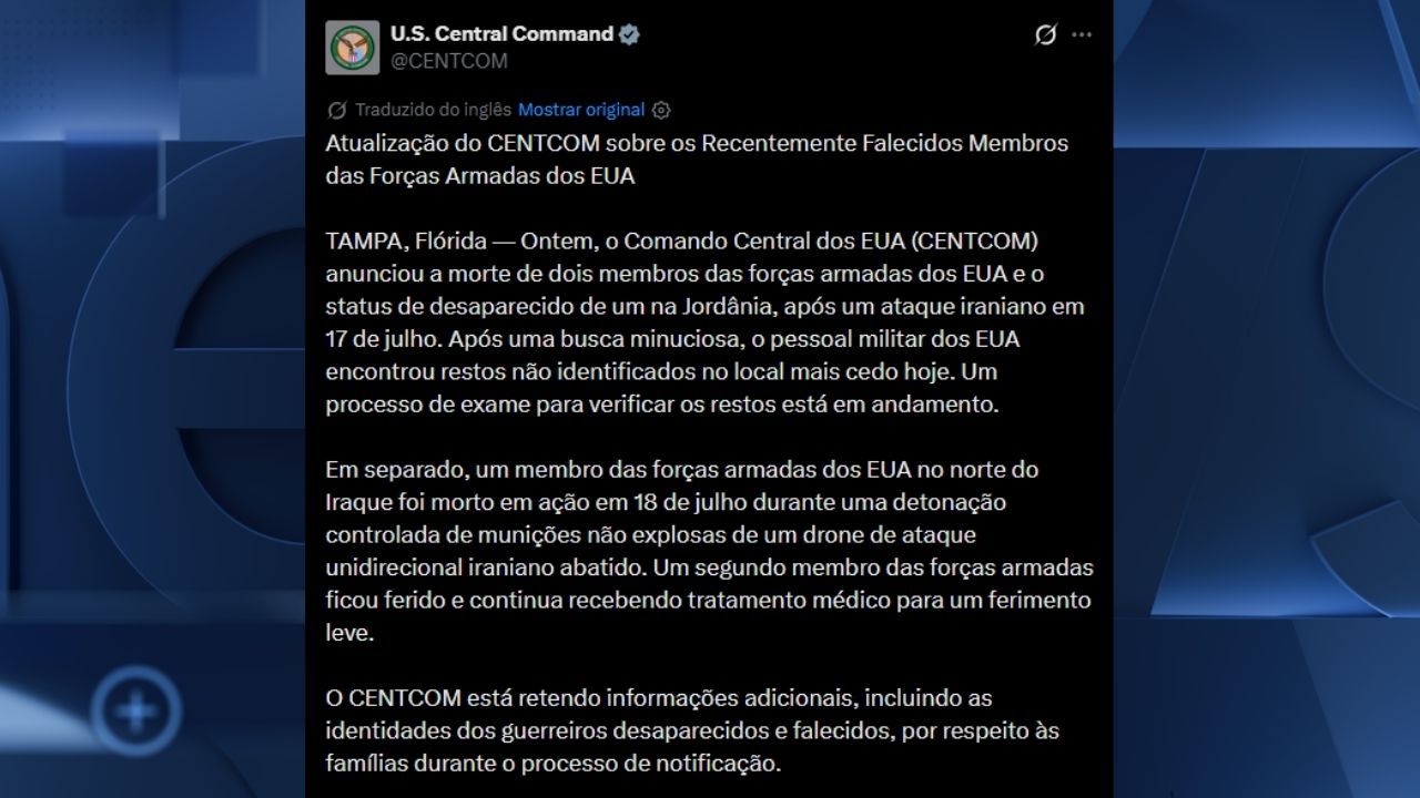 Imagem da notícia: Militar dos EUA morre em operação para desativar arma do Irã Imagem da notícia: Militar dos EUA morre em operação para desativar arma do Irã
