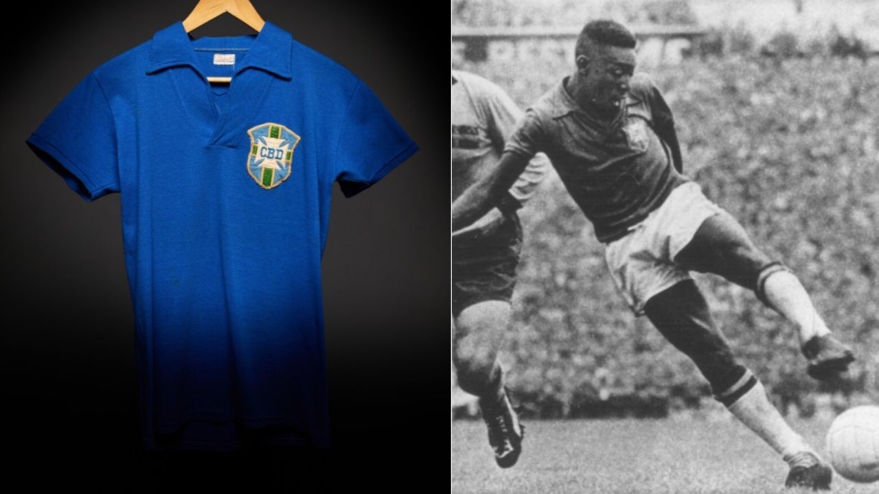 Camisa usada por Pelé em 1958 onde marcou dois gols contra a Suécia na final | Reprodução