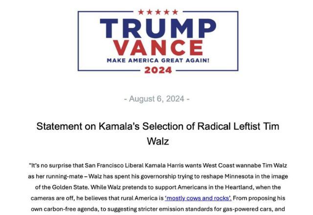Campanha de Donald Trump reage à definição de Tim Walz como vice de Kamala Harris | Reprodução/X