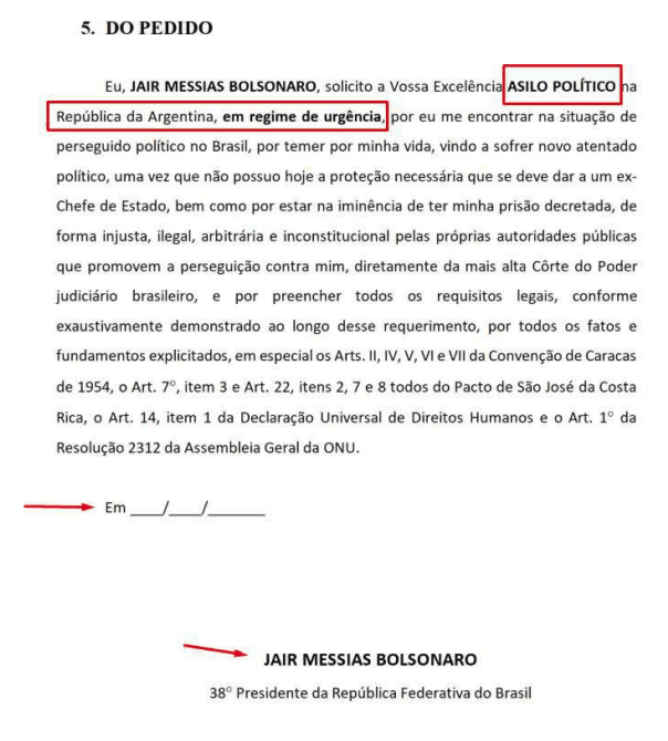 Rascunho do pedido de asilo à Argentina | Divulgação/PF