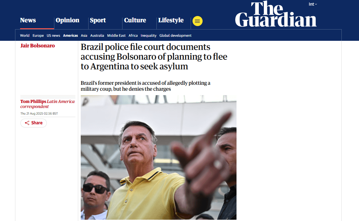 The Guardian noticia plano de Bolsonaro para pedir asilo na Argentino | Reprodução