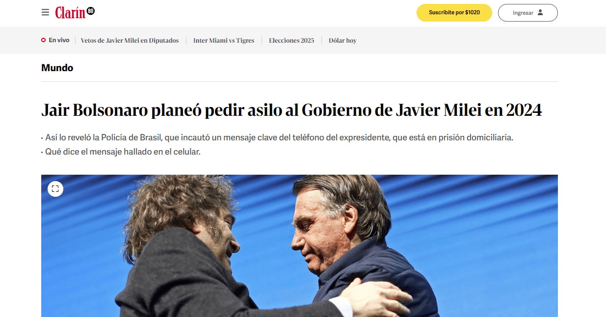 Clarín noticia plano de Bolsonaro para pedir asilo na Argentino | Reprodução
