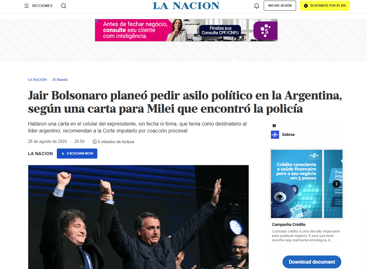La Nación noticia plano de Bolsonaro para pedir asilo na Argentino | Reprodução