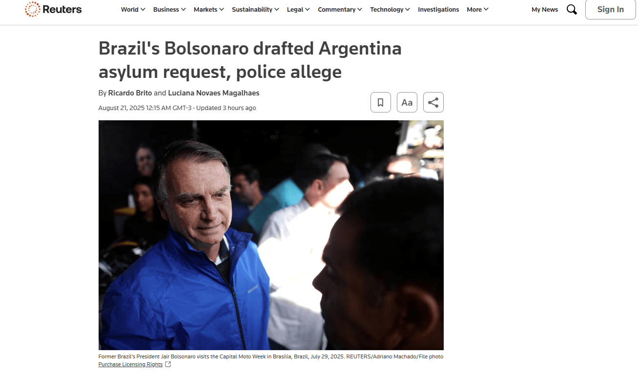Reuters noticia plano de Bolsonaro para pedir asilo na Argentino | Reprodução