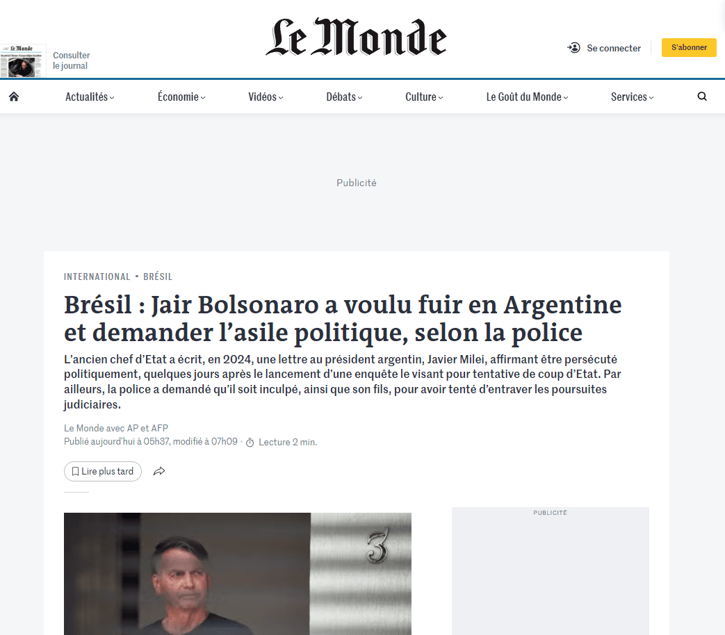 Le Monde noticia plano de Bolsonaro para pedir asilo na Argentino | Reprodução