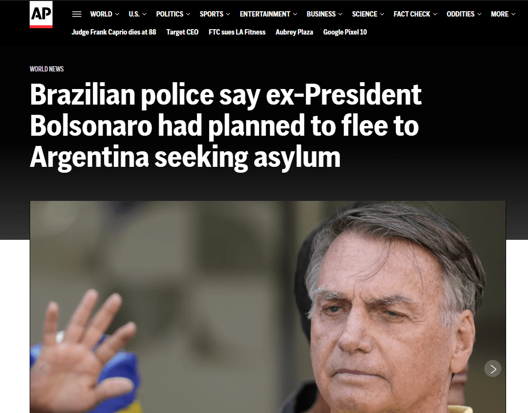 AP noticia plano de Bolsonaro para pedir asilo na Argentino | Reprodução