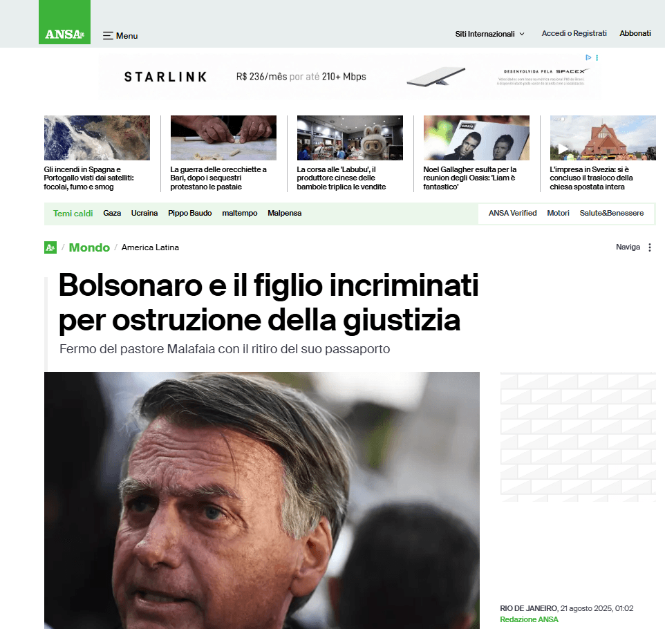 Ansa noticia indiciamento de Jair e Eduardo Bolsonaro | Reprodução