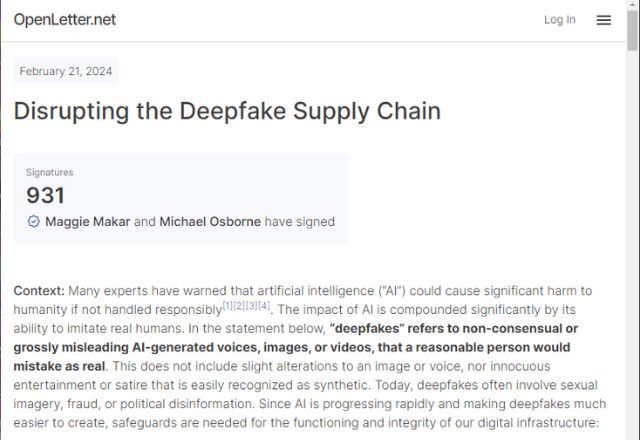Carta pública já tem mais de 900 signatários que pedem leis contra deepfake | Reprodução