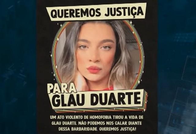 Cartaz com foto do influenciador digital Glau Duarte, com a frase queremos justiça para glau duarte