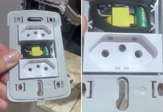 Casal encontrou câmera escondida instalada em uma tomada | Divulgação/Polícia Civil/GO