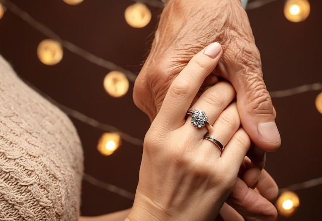 Mão de mulher jovem com aliança segurando de um homem idoso | Imagem gerada por IA/Adobe Firefly