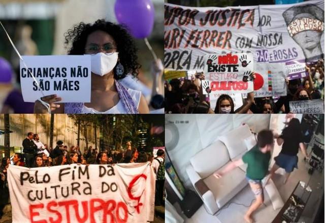 Colagem de imagens de protestos contra violência as mulheres
