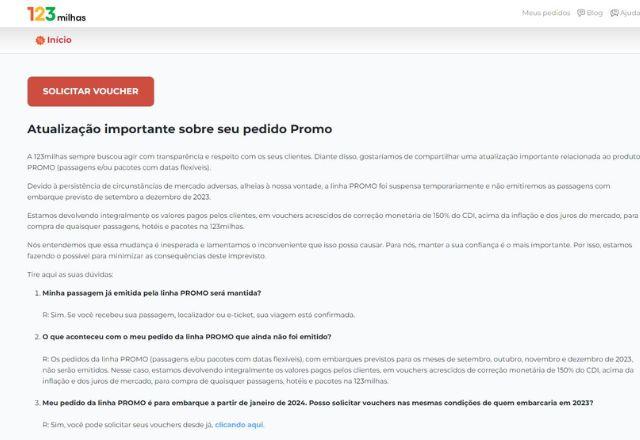 Comunicado no site da 123 Milhas