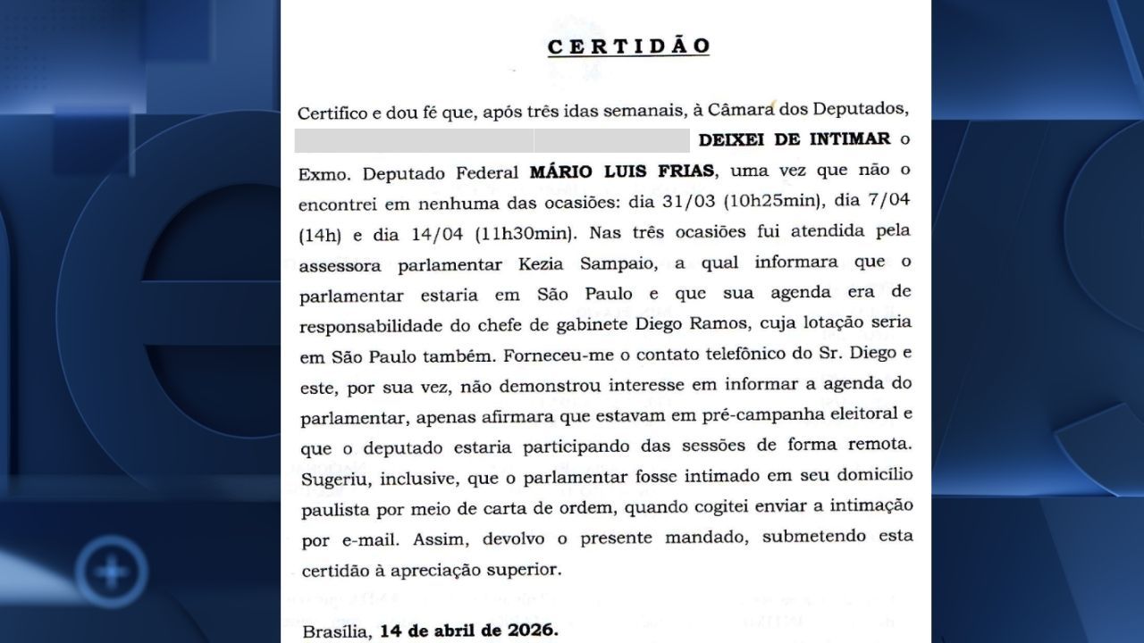 Certidão de oficial de justiça que afirmou não encontrar Mário Frias em gabinete