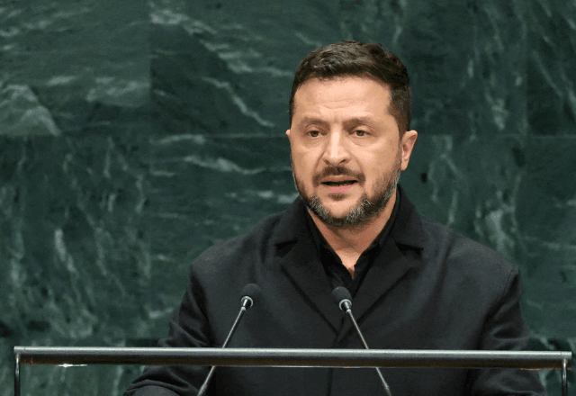 Presidente da Ucrânia, Volodymyr Zelensky, discursa na Assembleia Geral da ONU | Foto: Caitlin Ochs/Reuters - 23.09.2026