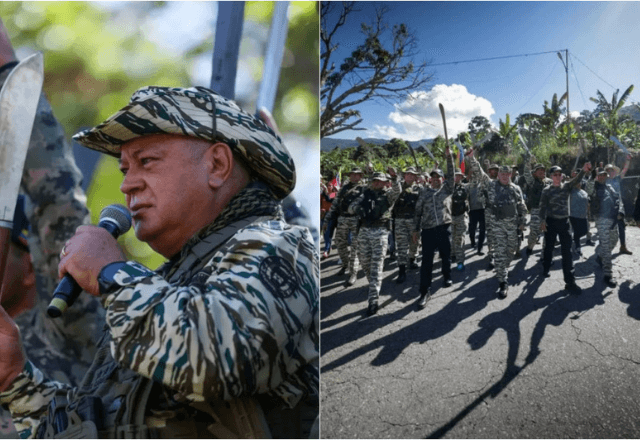 O ministro da Justiça da Venezuela Diosdado Cabello, empunha um facão em meio a treinamentos militares e de primeiros socorros | Foto: Reprodução/@dcabellor - 16.10.2025