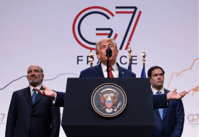 Presidente dos EUA, Donald Trump, durante coletiva de imprensa na Cúpula do G7 em Evian-les-Bains, na França | Foto: Evelyn Hockstein/Reuters - 17.06.2026
