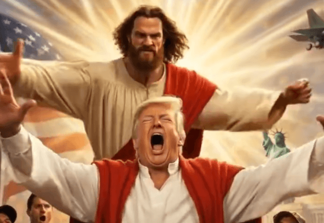 Presidente dos EUA, Donald Trump, aparece prestes a levar um soco de Jesus Cristo em vídeo produzido por inteligência artificial divulgado pela Embaixada do Irã no Tajiquistão | Foto: Reprodução/X/@IRANinTJ - 14.04.2026