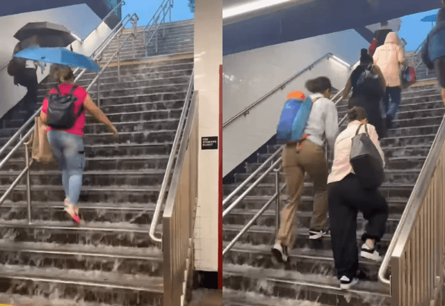Estação de metrô em Manhattan (NY) é invadida por grande volume de água durante forte tempestade