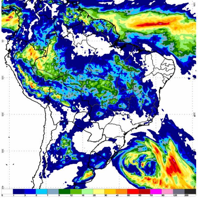 Ciclone extratropical (em amarelo e vermelho no mapa) se afasta para o oceano | Reprodução/Inmet