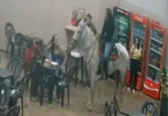 VÍDEO: Cliente inusitada entra em pizzaria montada a cavalo