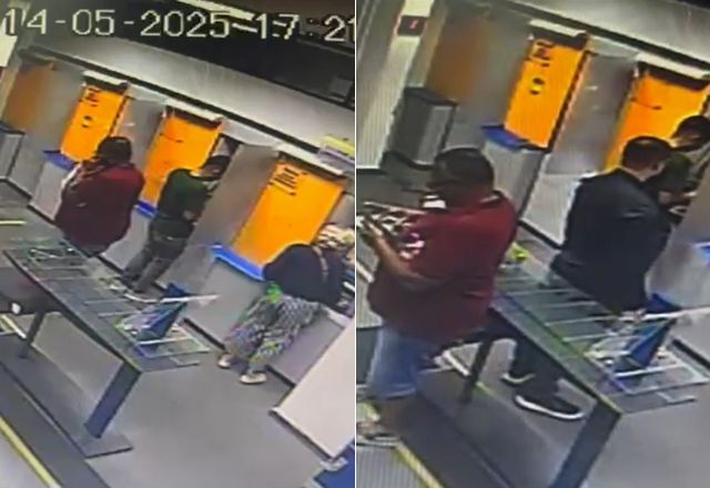 Enquanto dois golpistas se passavam por clientes, outro fingia trabalhar na agência | Reprodução