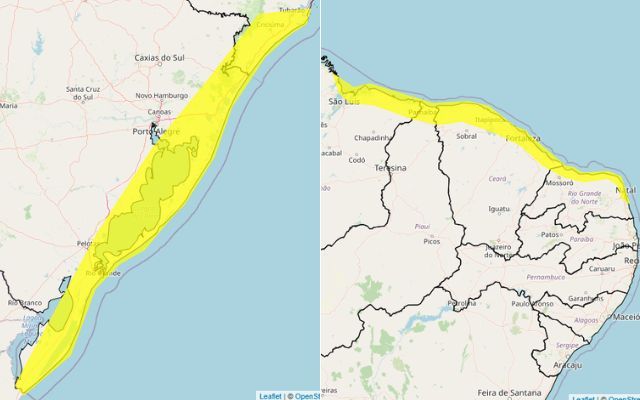 Alertas amarelos para ventos costeiros atingem estados do Sul e do Nordeste do país | Reprodução/Inmet