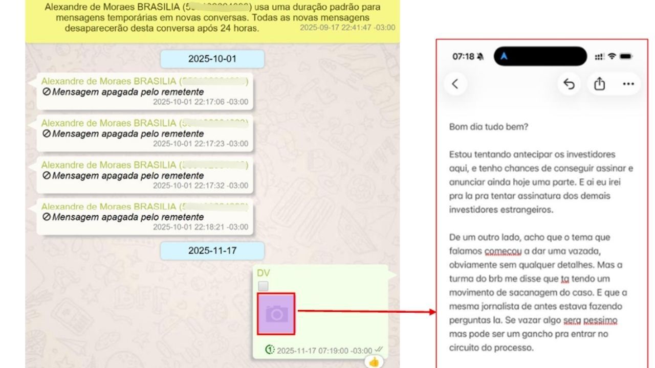 Mensagem entre Vorcaro e o contato "Alexandre de Moraes BRASILIA" | Reprodução