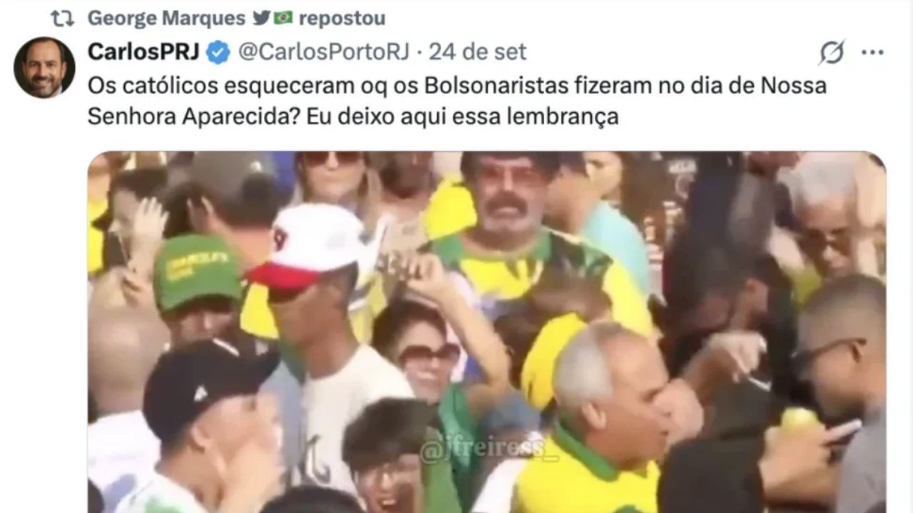 George Marques fez republicações relacionadas à narrativa de que o candidato ou sua família pretendia retirar de Nossa Senhora Aparecida o título de Padroeira do Brasil | Reprodução