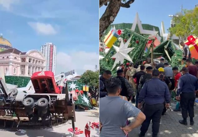 Guindaste tombou durante montagem de árvore de Natal em Manaus | Reprodução